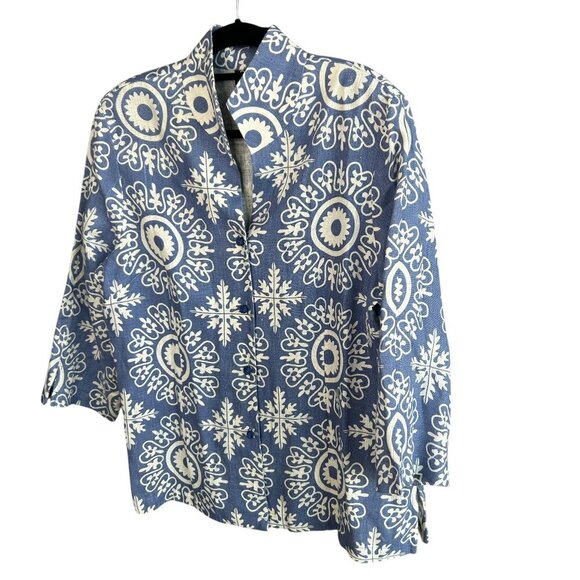 Connie Roberson Cornflower Blue White 100% Linen Knot Buttons Top Jacket Size XL - Picture 1 of 7